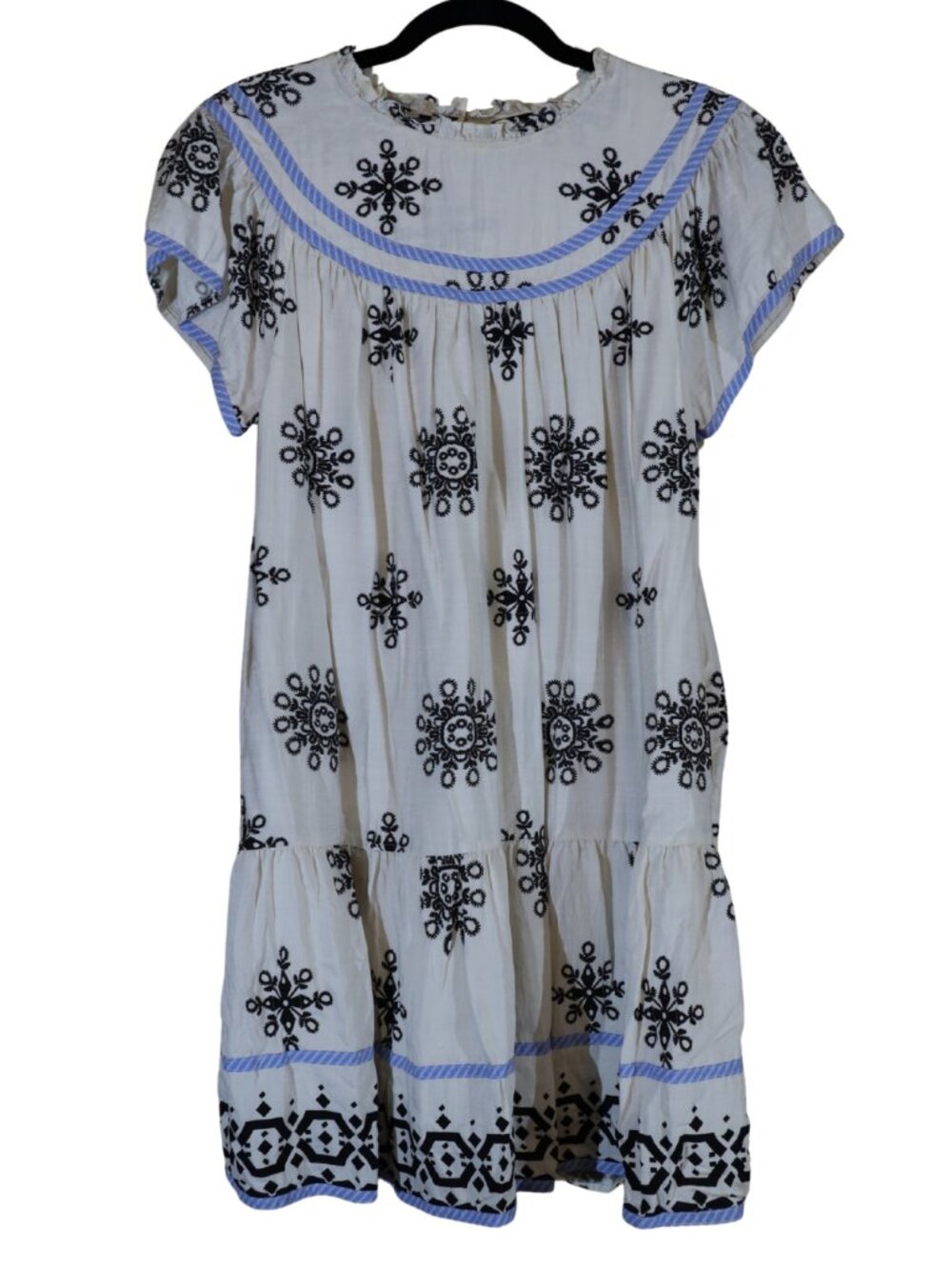Boho Embroidered Mini Dress Cream White Black Blue Large